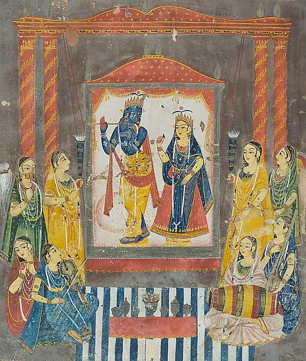 Radha y Krishna con asistentes femeninas y músicas